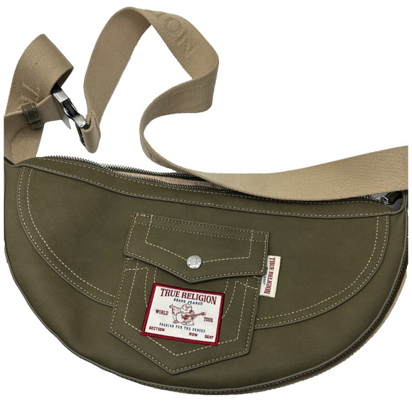 True Religion Handbags - True Religion Hobo Crossbody W/ Adjustable Logo Strap Zip Top Olive Green Boho